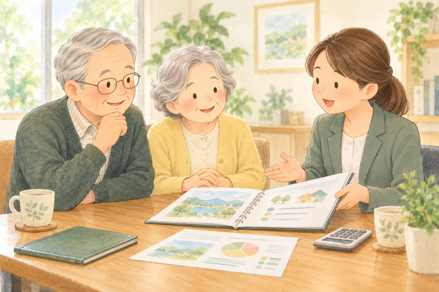 シニアのご夫婦がFPと老後の計画について相談するイラスト